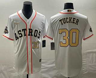 Mens Houston Astros #30 Kyle Tucker Number 2023 White Gold World Serise Champions Patch Cool Base Jerseys